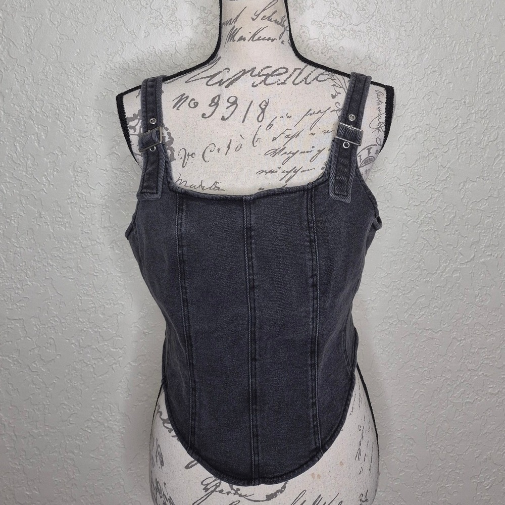 Wild Fable Washed Black Denim Corset Top Large Zip Back Adjustable Straps